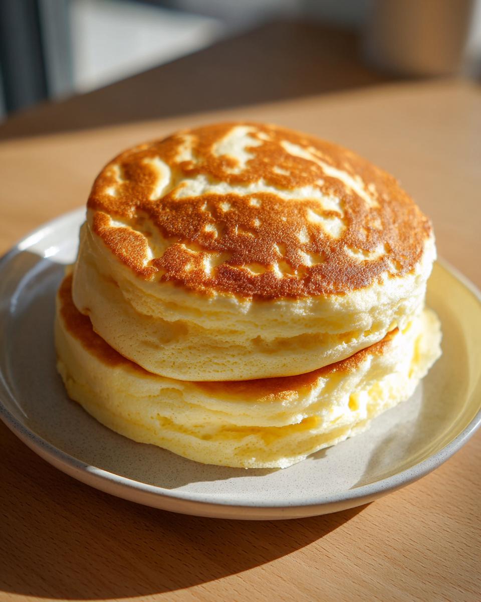 A stack of two incredibly fluffy, golden-brown coconut flour pancakes served on a light speckled plate.