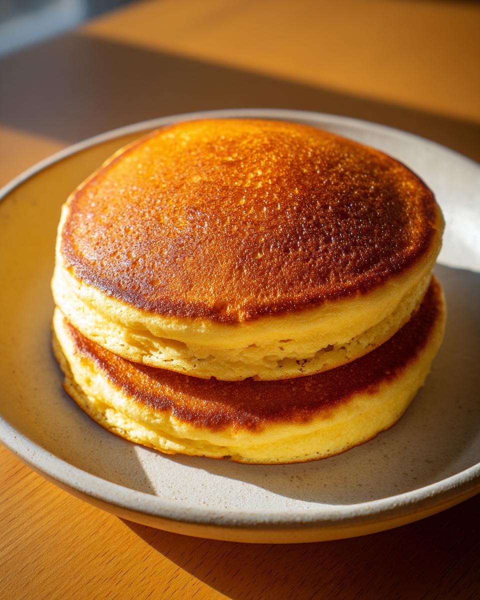 Close-up of two perfectly golden, fluffy coconut flour pancakes stacked on a light ceramic plate.