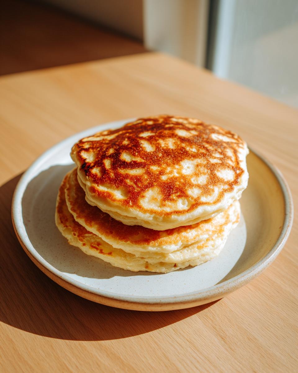 A stack of three fluffy coconut flour pancakes with golden-brown tops resting on a speckled ceramic plate.