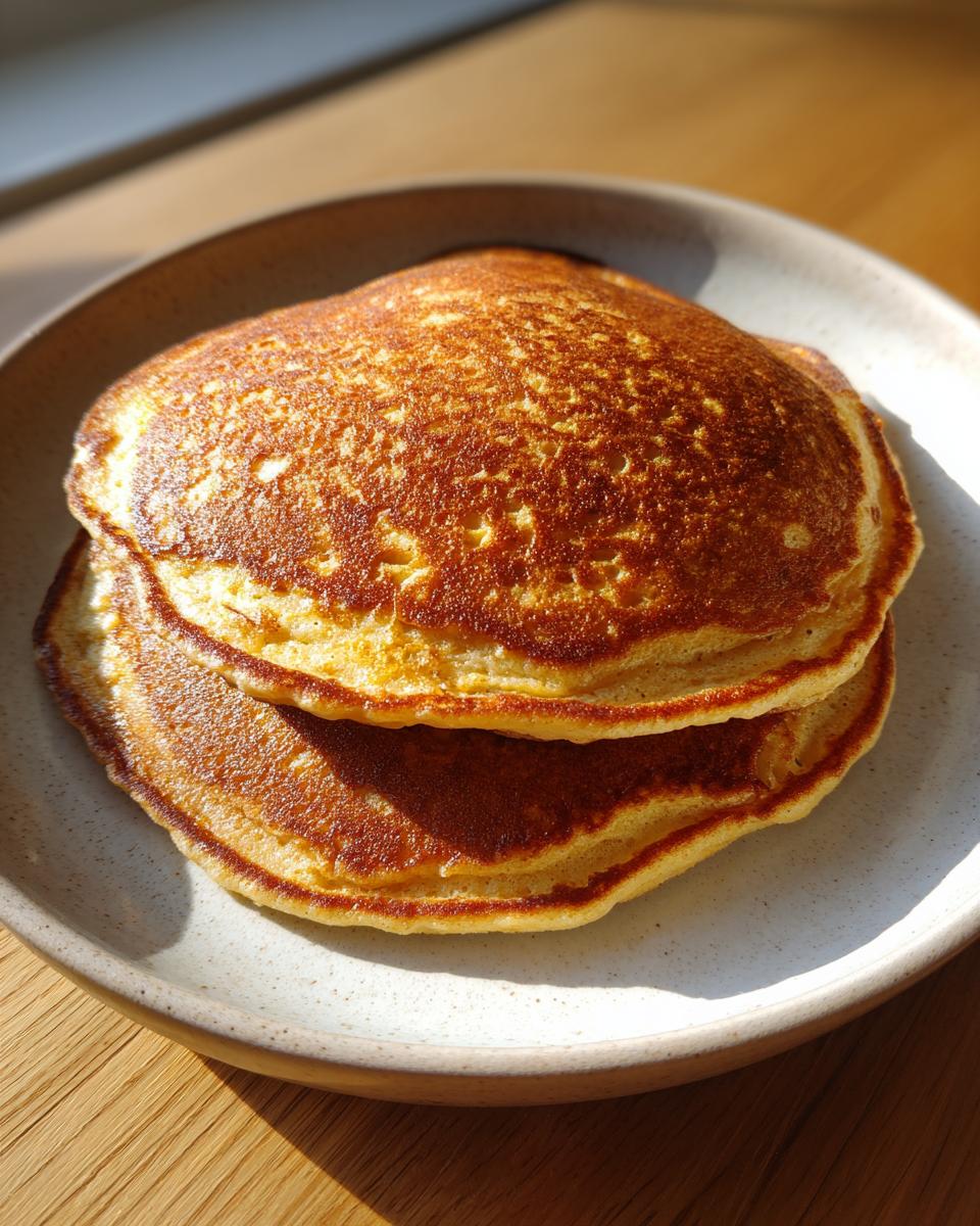 A close-up of two golden brown coconut flour pancakes stacked on a speckled ceramic plate.