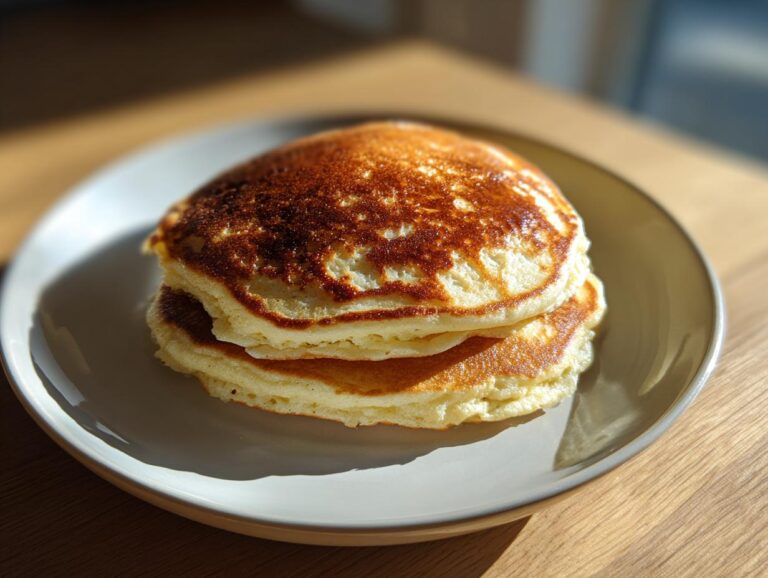 A stack of two fluffy coconut flour pancakes with golden brown tops sitting on a light gray plate.