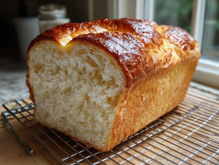A loaf of freshly baked, glossy condensed milk bread cooling on a wire rack, showing its soft interior.