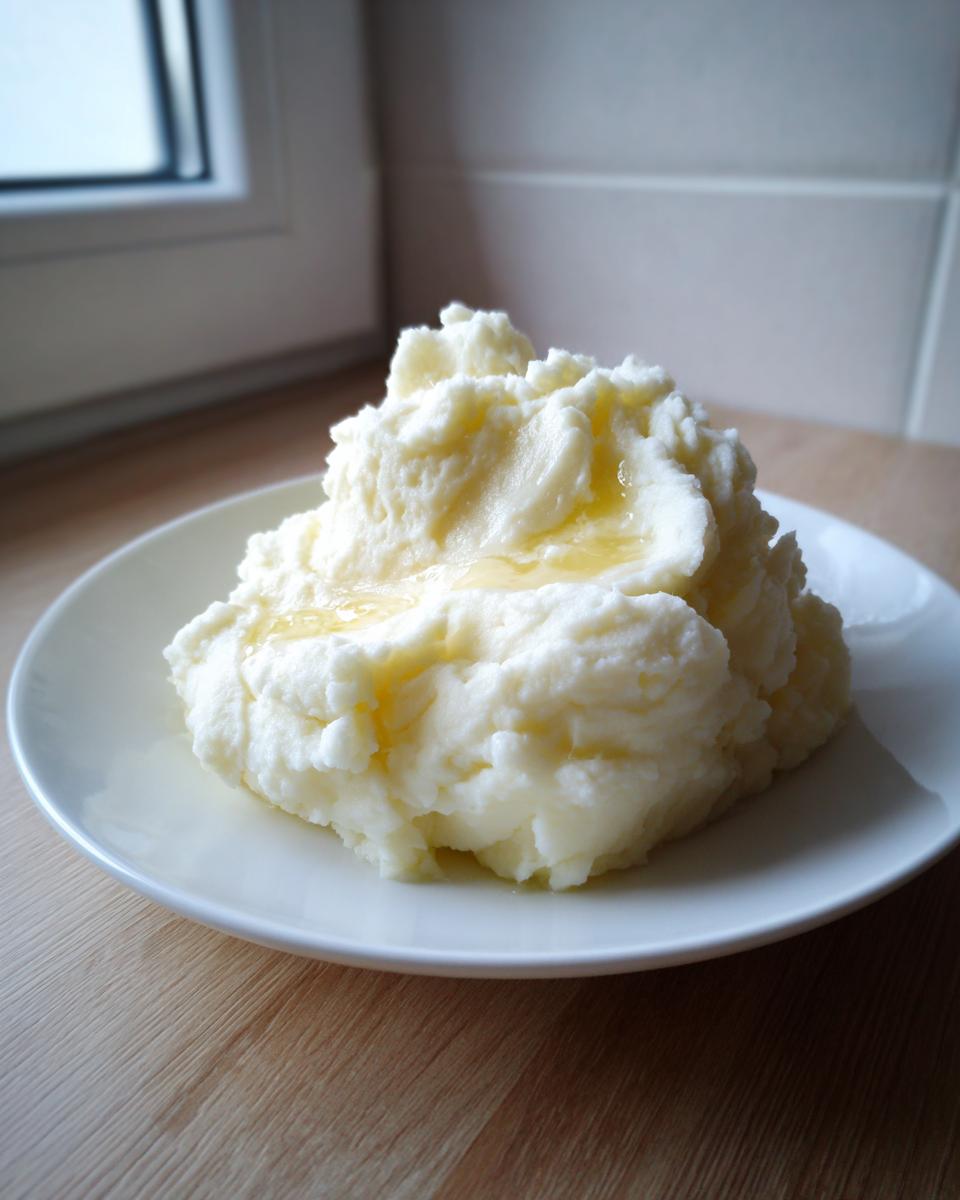 A generous serving of fluffy mashed potatoes topped with melting butter on a white plate.