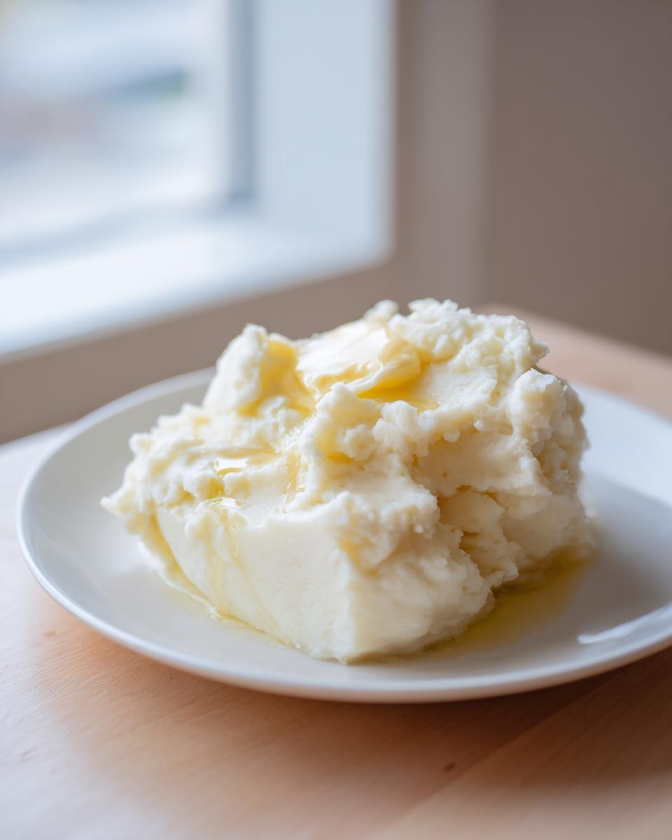 A serving of fluffy mashed potatoes topped with melting butter on a white plate.