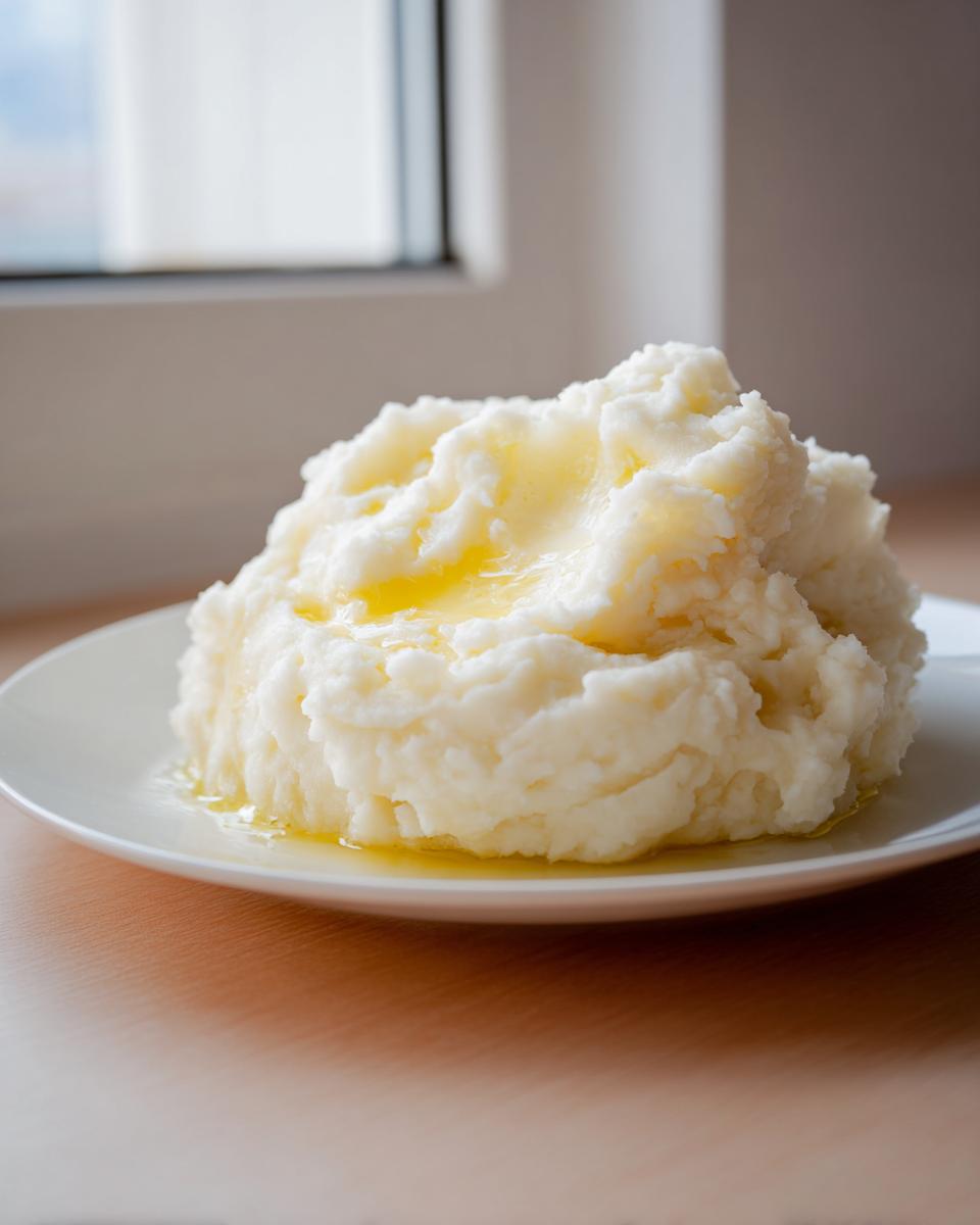 A generous serving of fluffy white mashed potatoes topped with melting butter on a white plate.
