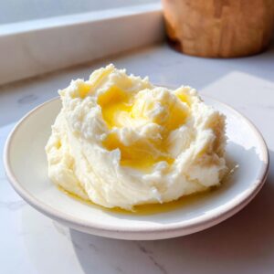 A serving of creamy, fluffy mashed potatoes topped with a pool of melting butter on a small white plate.