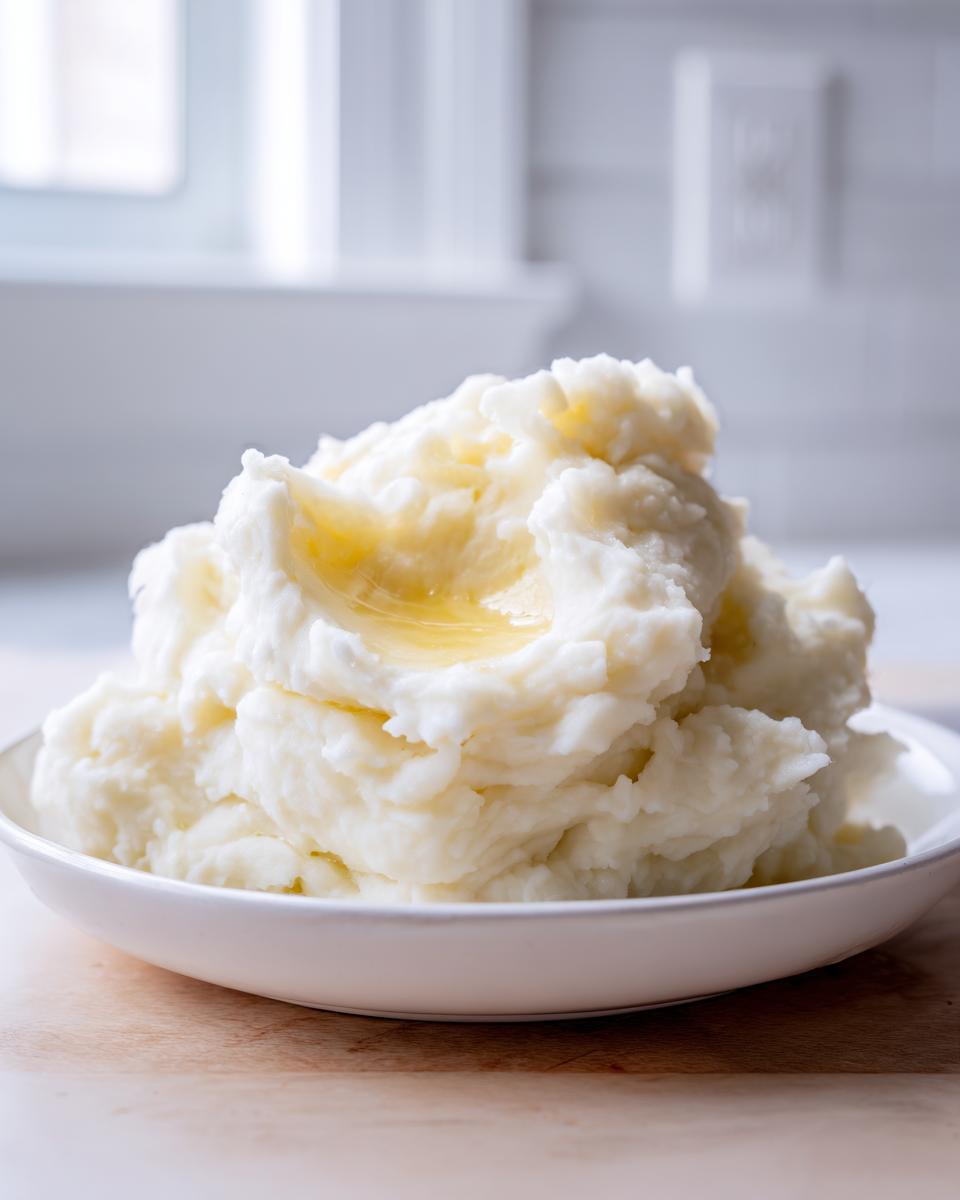 A generous serving of fluffy, creamy mashed potatoes topped with a pool of melted butter, served in a white bowl.
