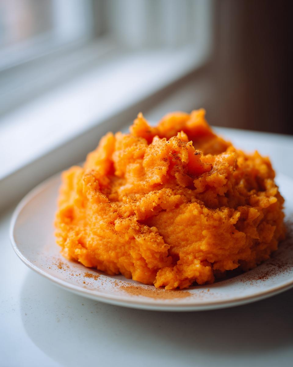 A serving of bright orange mashed sweet potatoes, lightly dusted with cinnamon, on a white plate.