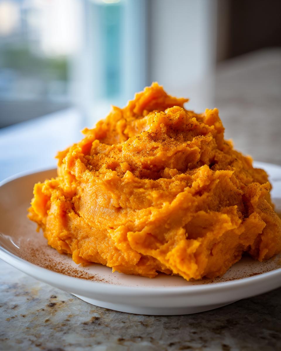 A close-up of fluffy, bright orange mashed sweet potatoes, lightly dusted with cinnamon, served in a white bowl.