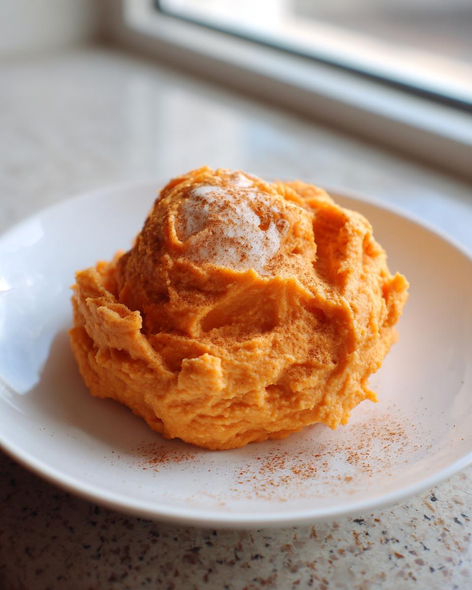 A serving of fluffy, bright orange mashed sweet potatoes topped with a dollop of cream and a sprinkle of cinnamon.