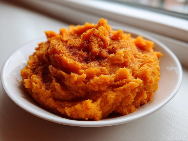A close-up of fluffy, vibrant orange mashed sweet potatoes sprinkled with cinnamon on a white plate.