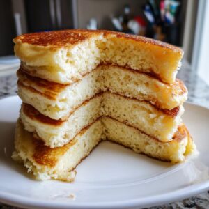 Close-up of a stack of four fluffy pancakes cut to show the airy interior texture.