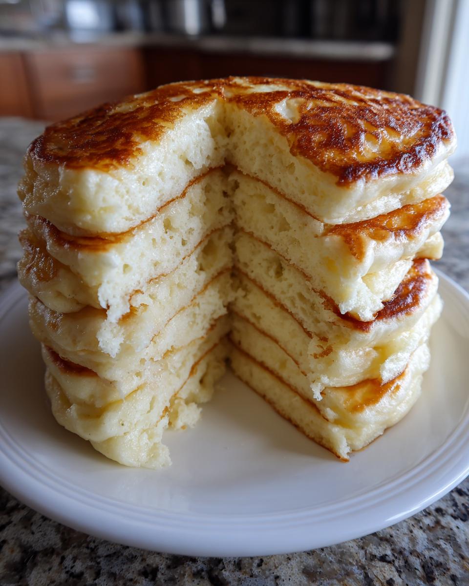 A tall stack of incredibly fluffy pancakes, cut to show the airy interior texture.