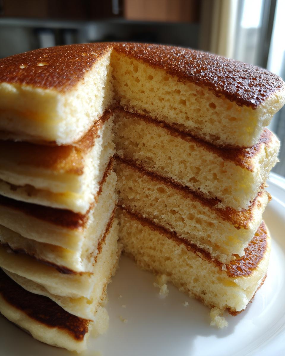 A tall stack of incredibly fluffy pancakes, cut to show the airy interior texture.