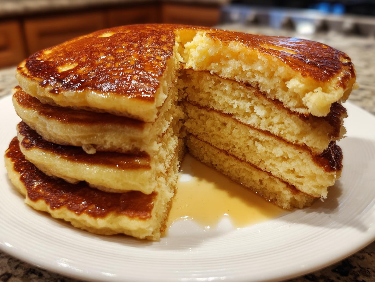 A tall stack of golden brown, fluffy pancakes cut open to show the airy interior, drizzled with syrup.