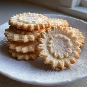A stack of golden brown, fluted butter cookie treats dusted lightly with powdered sugar on a white plate.