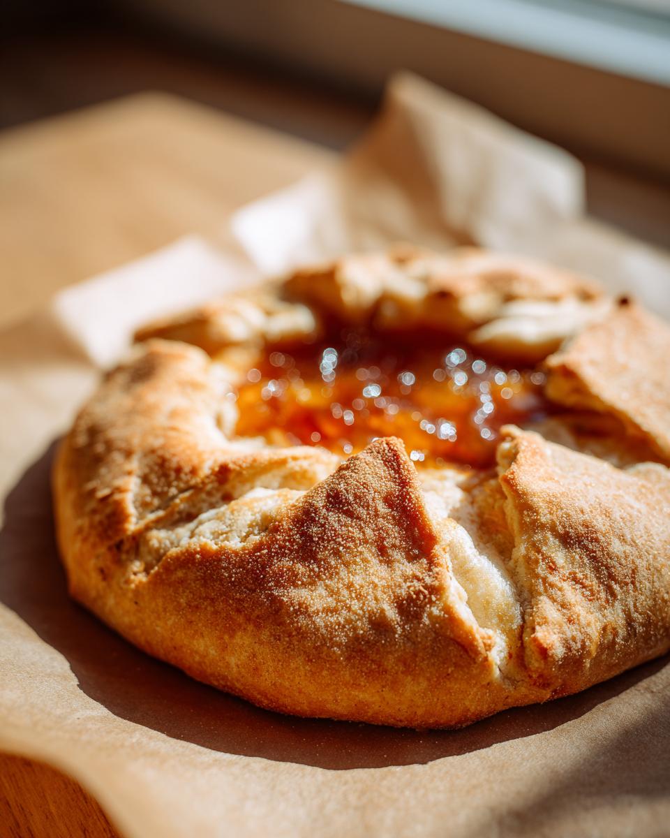 A golden, rustic baked brie en croute topped with glistening jam, resting on brown parchment paper.
