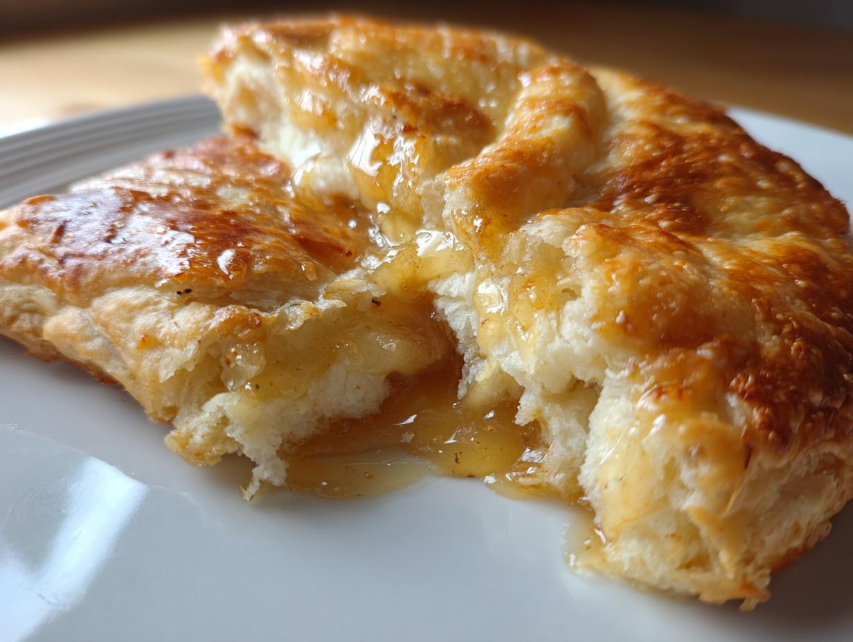 Close-up of a piece of baked brie wrapped in flaky pastry, oozing honey or glaze.