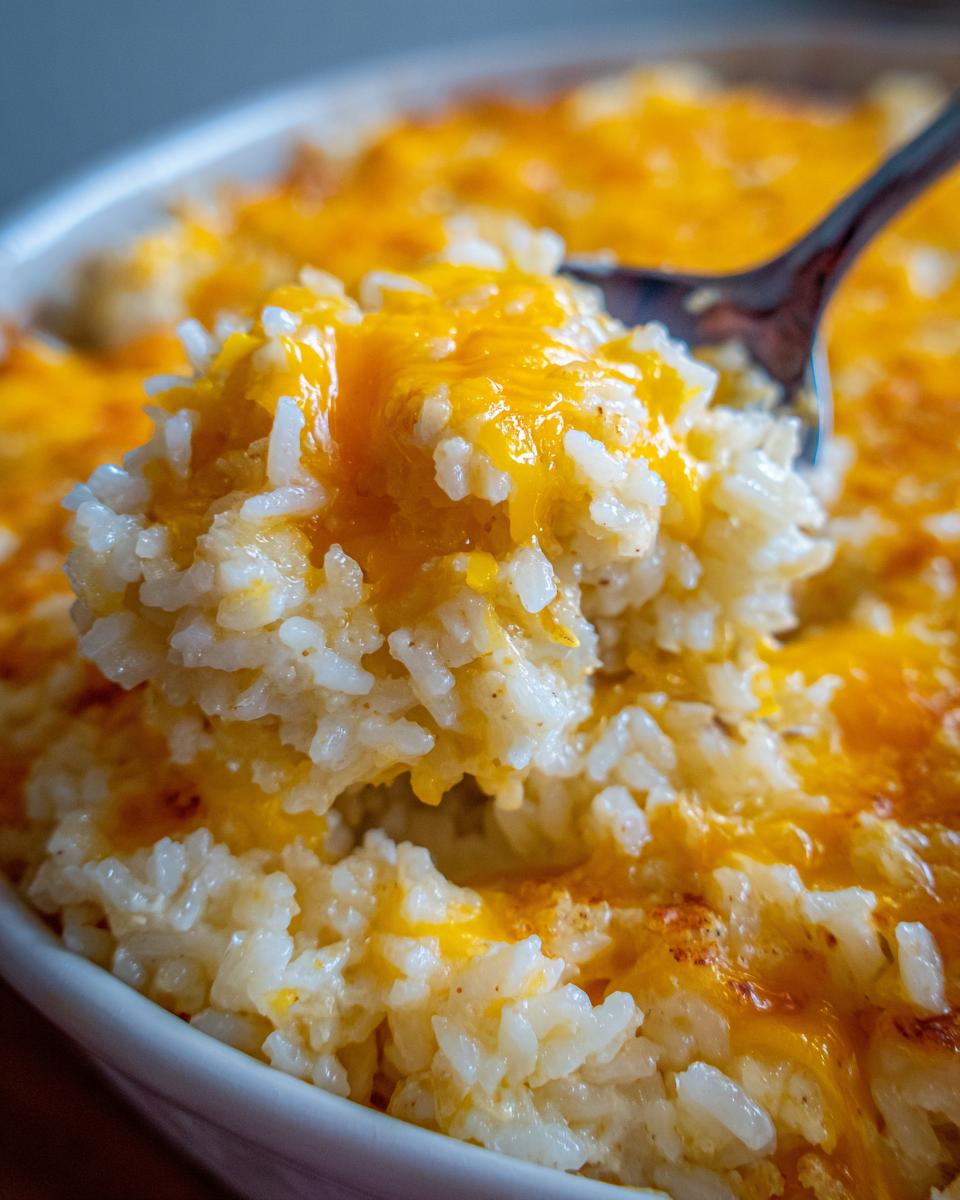 Close-up of a spoonful of creamy french onion butter rice topped with gooey, melted cheddar cheese.