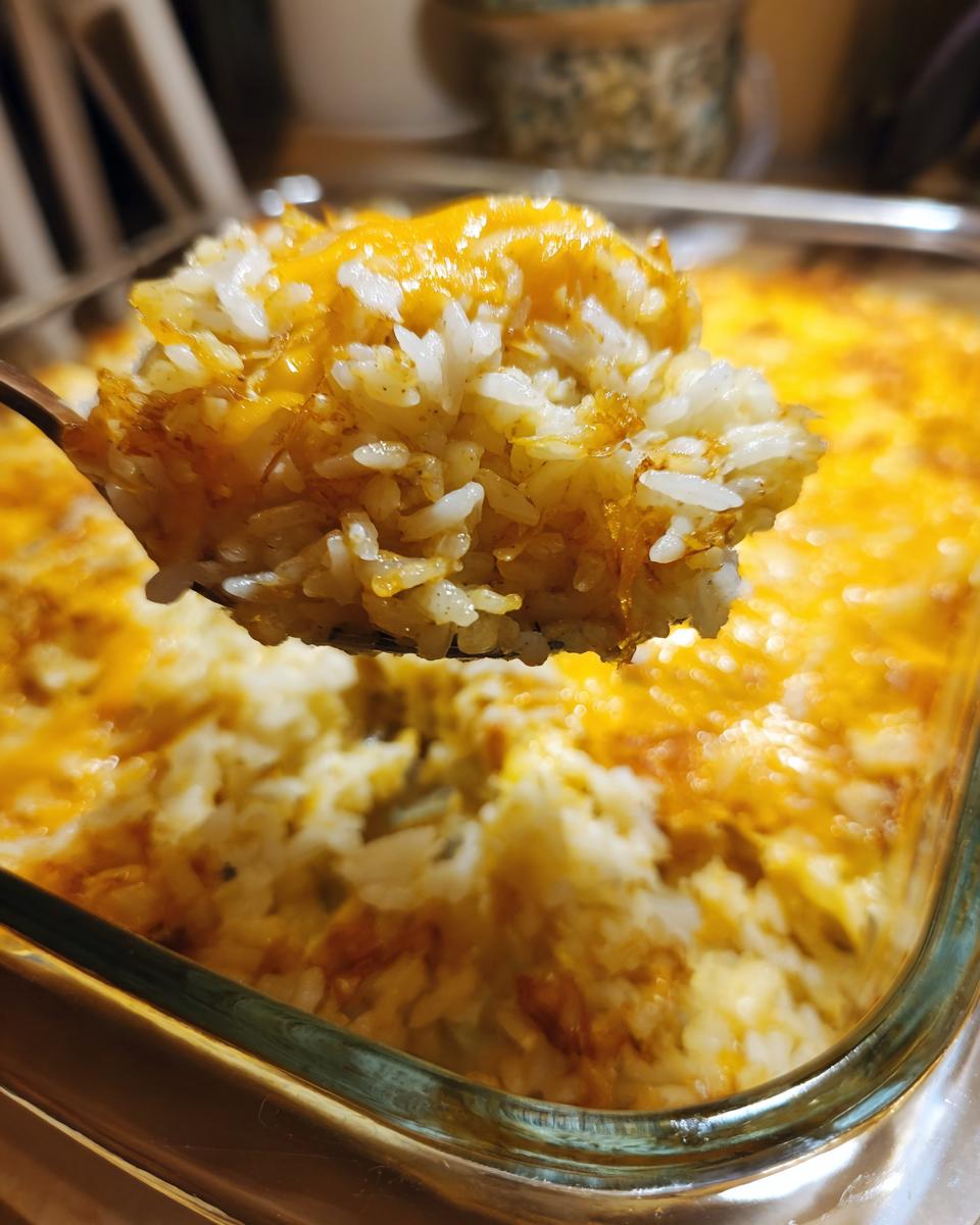 A spoonful of creamy french onion butter rice topped with melted cheddar cheese being lifted from a glass baking dish.