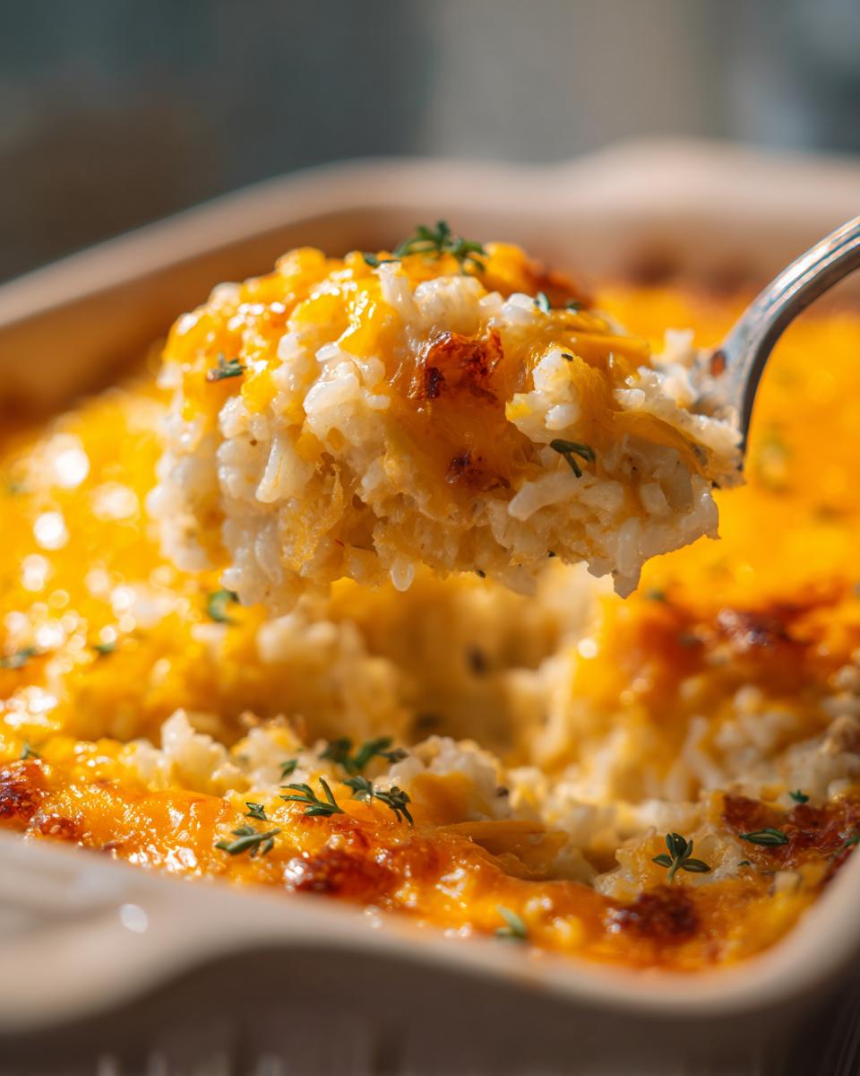 A spoonful of creamy french onion butter rice topped with melted, browned cheddar cheese being lifted from a baking dish.