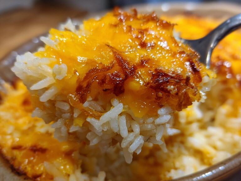 Close-up of a spoonful of fluffy rice topped with melted, browned cheese and crispy onions from the french onion butter rice.