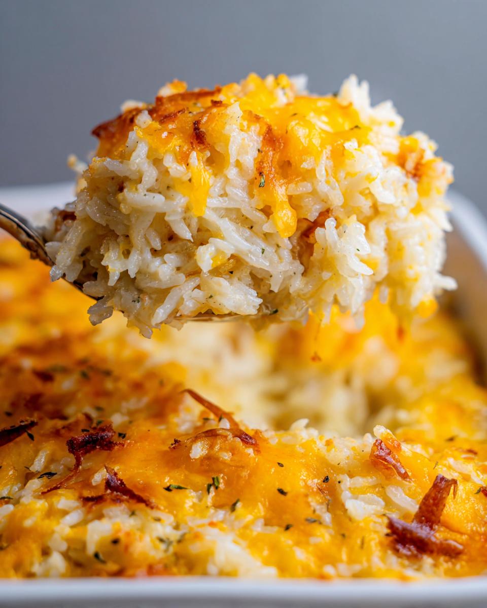 A spoonful of creamy french onion butter rice topped with melted, slightly browned cheddar cheese being lifted from a casserole dish.