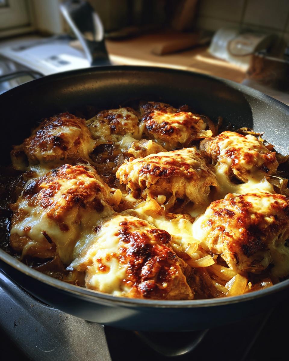 Close-up of several baked chicken breasts topped with melted, browned cheese and caramelized onions, ready to serve as French onion chicken.