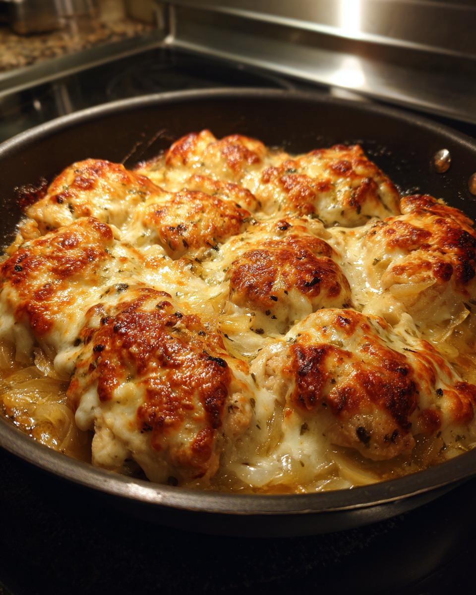 Close-up of baked French onion chicken topped with bubbly, browned melted cheese in a skillet.
