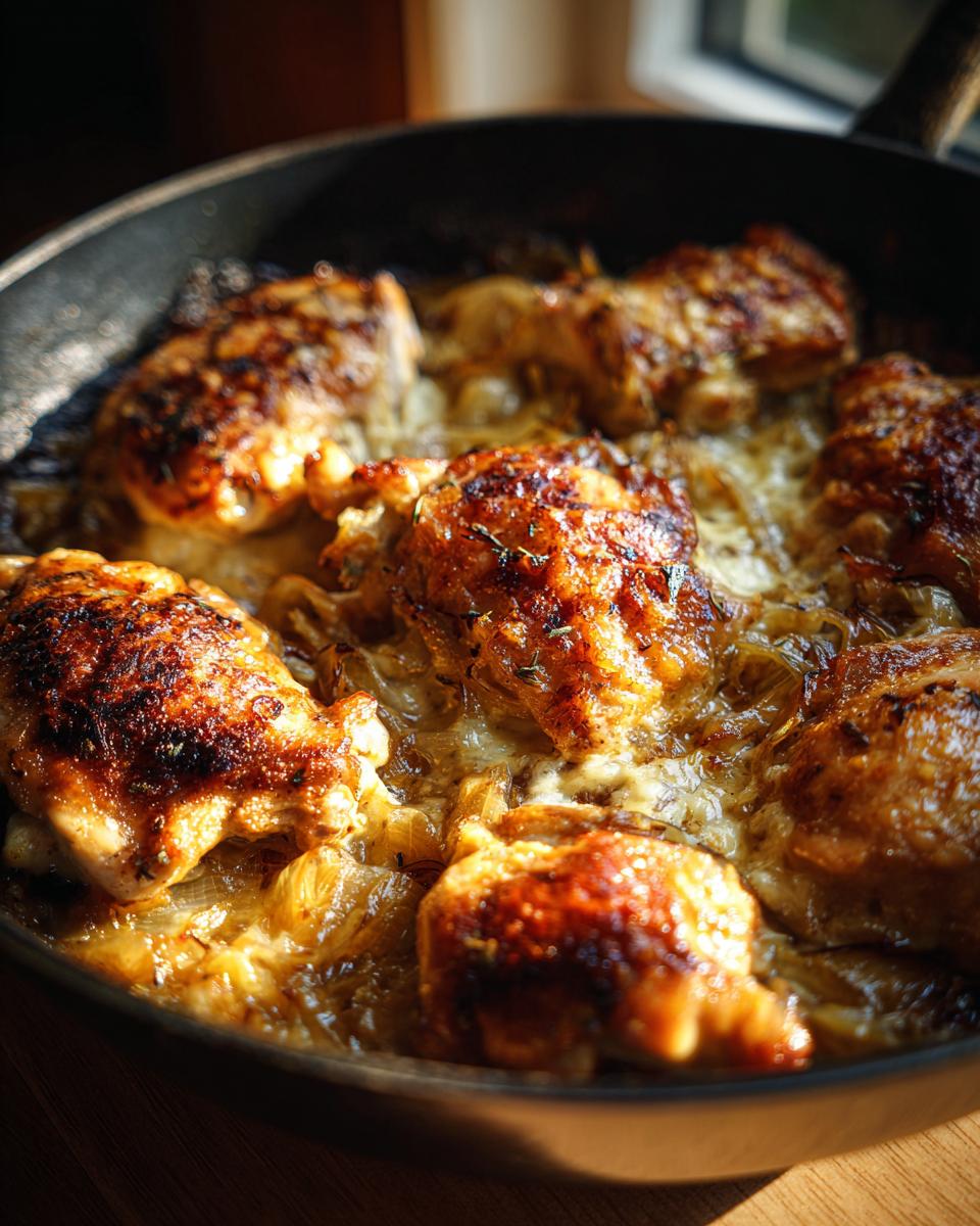 Close-up of golden brown French onion chicken thighs baking in a cast iron skillet with caramelized onions and melted cheese.