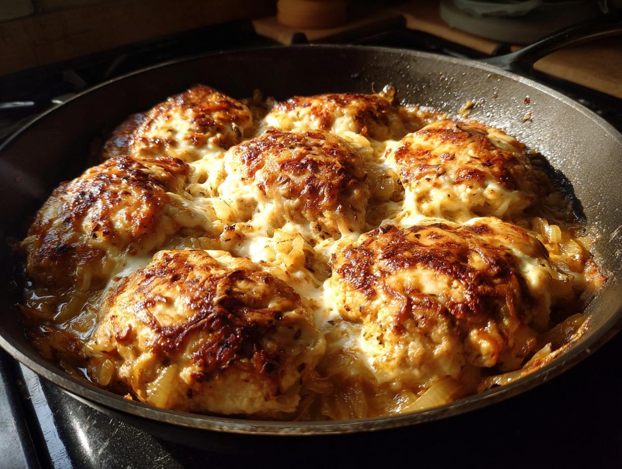 Six pieces of golden brown French onion chicken bake topped with melted, browned cheese in a cast iron skillet.