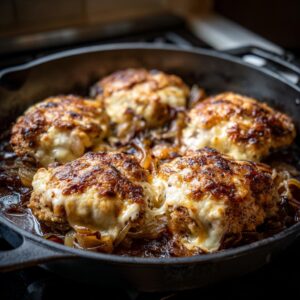 Close-up of four baked French onion chicken breasts topped with melted, browned cheese sitting on a bed of caramelized onions in a cast iron skillet.