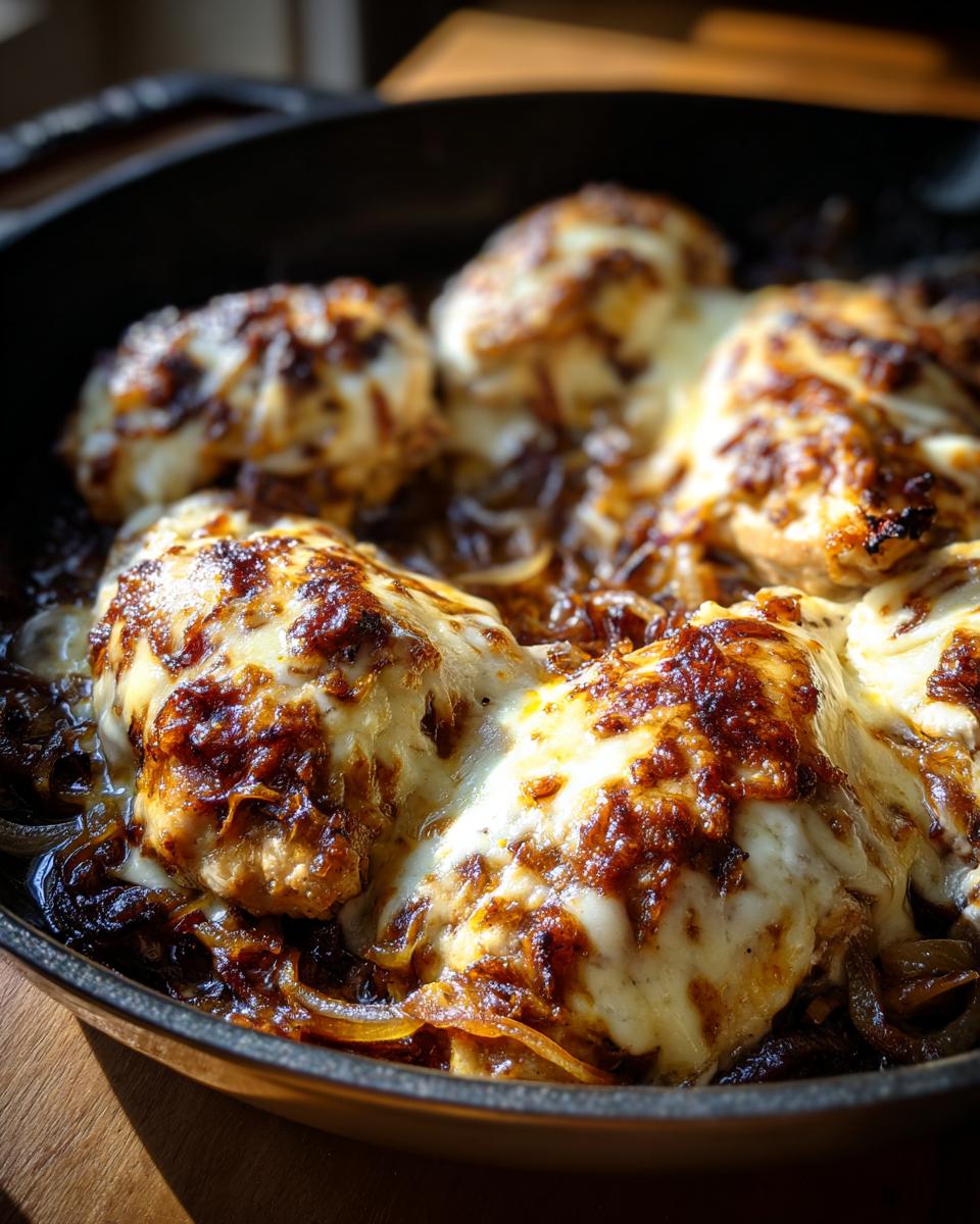 Close-up of cheesy French onion chicken bake bubbling in a cast iron skillet with caramelized onions.