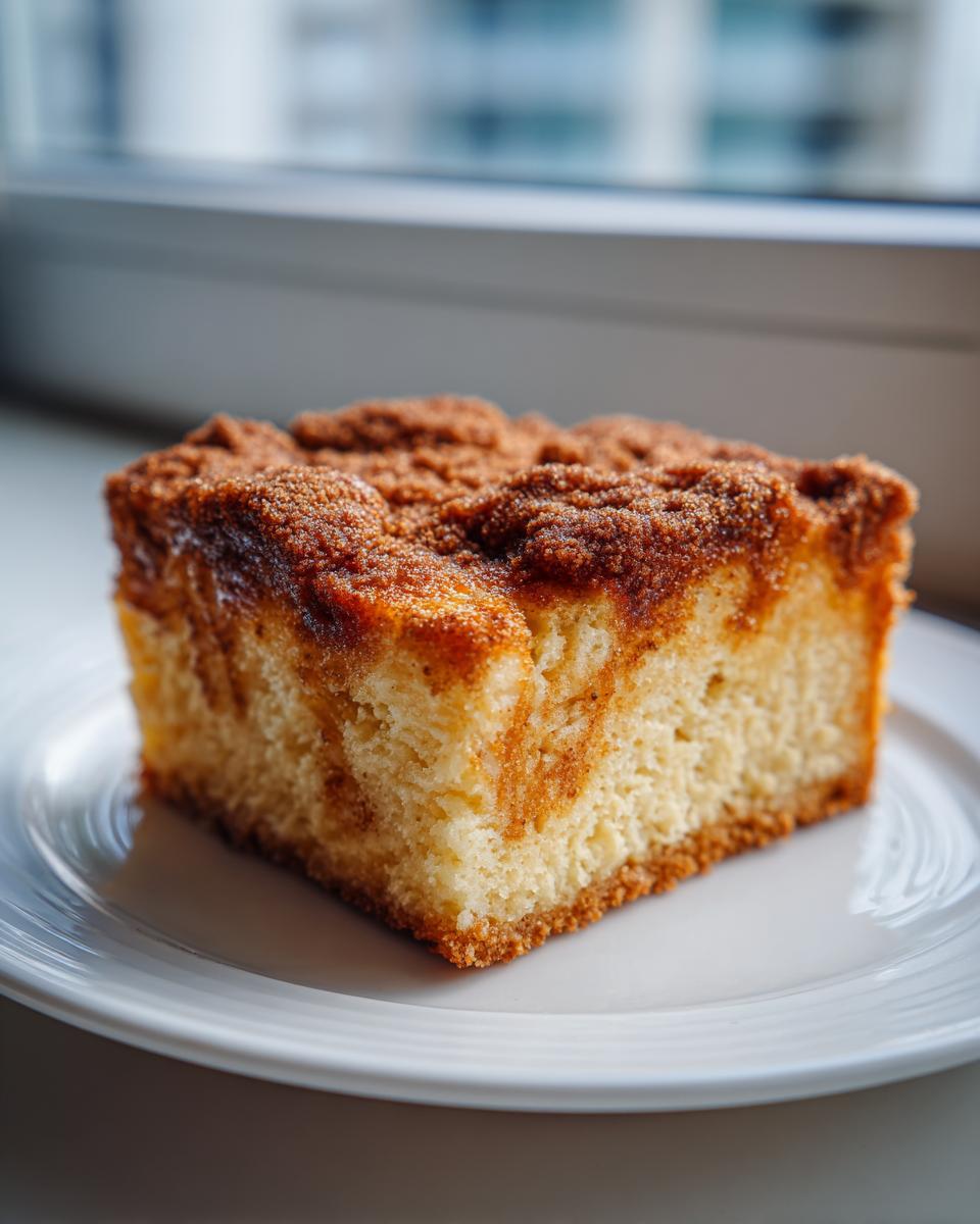 A square slice of baked french toast casserole with a thick cinnamon streusel topping on a white plate.