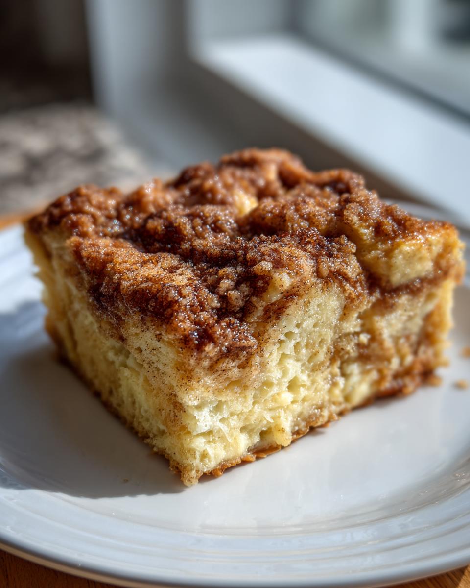 A square slice of baked french toast casserole topped with cinnamon streusel, sitting on a white plate.