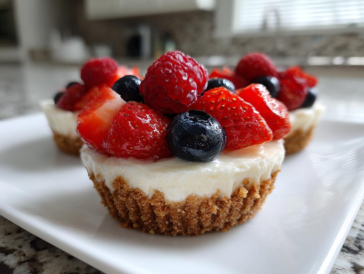 Close-up of a fresh berry topped no bake mini cheesecake with strawberries, blueberries, and raspberries on a white plate.