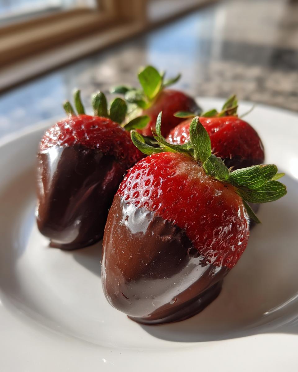 Close-up of four fresh chocolate covered strawberries with bright green tops resting on a white plate.