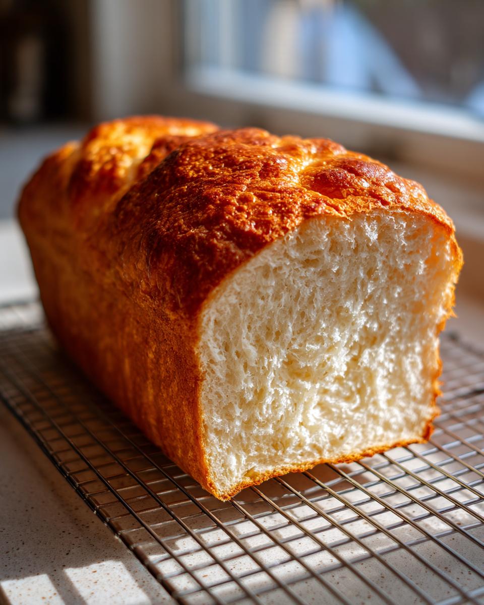 A loaf of soft, white condensed milk bread with a golden-brown crust cooling on a wire rack.