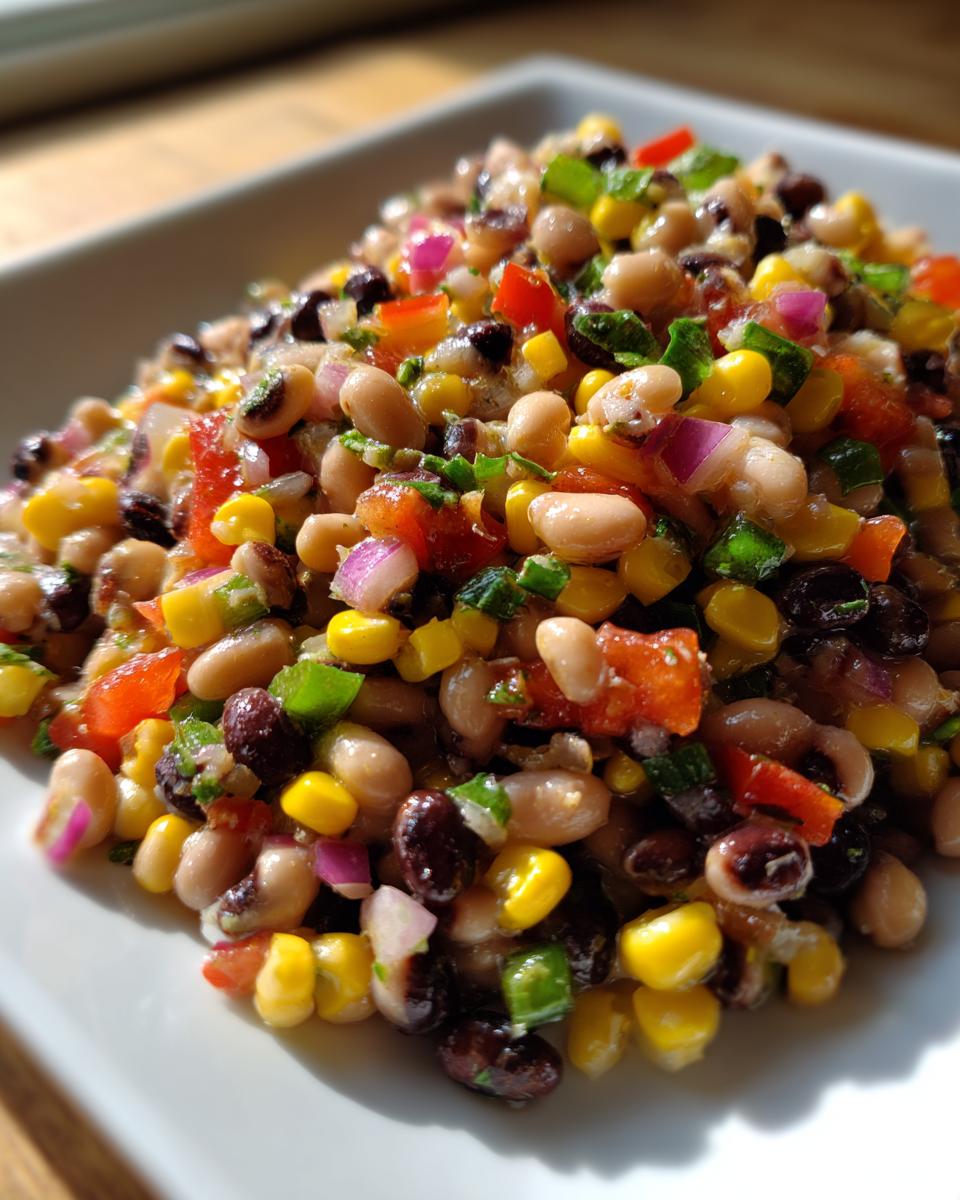 A vibrant, close-up serving of cowboy caviar featuring black-eyed peas, black beans, corn, red onion, and peppers.
