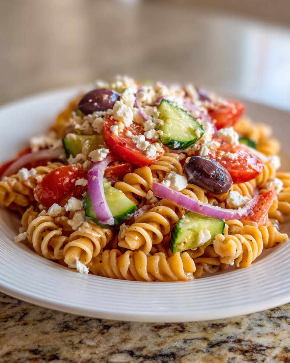 A close-up serving of vibrant greek pasta salad featuring rotini pasta, tomatoes, cucumbers, red onion, Kalamata olives, and crumbled feta cheese.