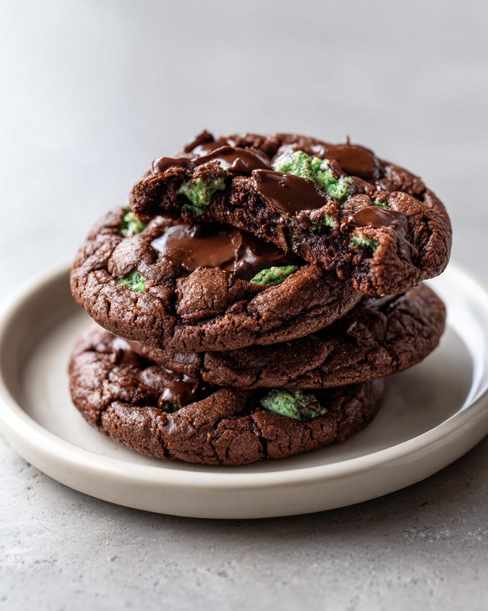 A stack of three fudgy chocolate Andes Mint cookies, one broken open to show green mint pieces and melted chocolate.