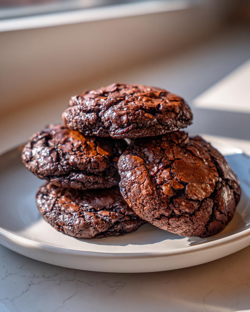 A stack of four rich, dark chocolate brownie cookies with cracked tops, resting on a light plate.