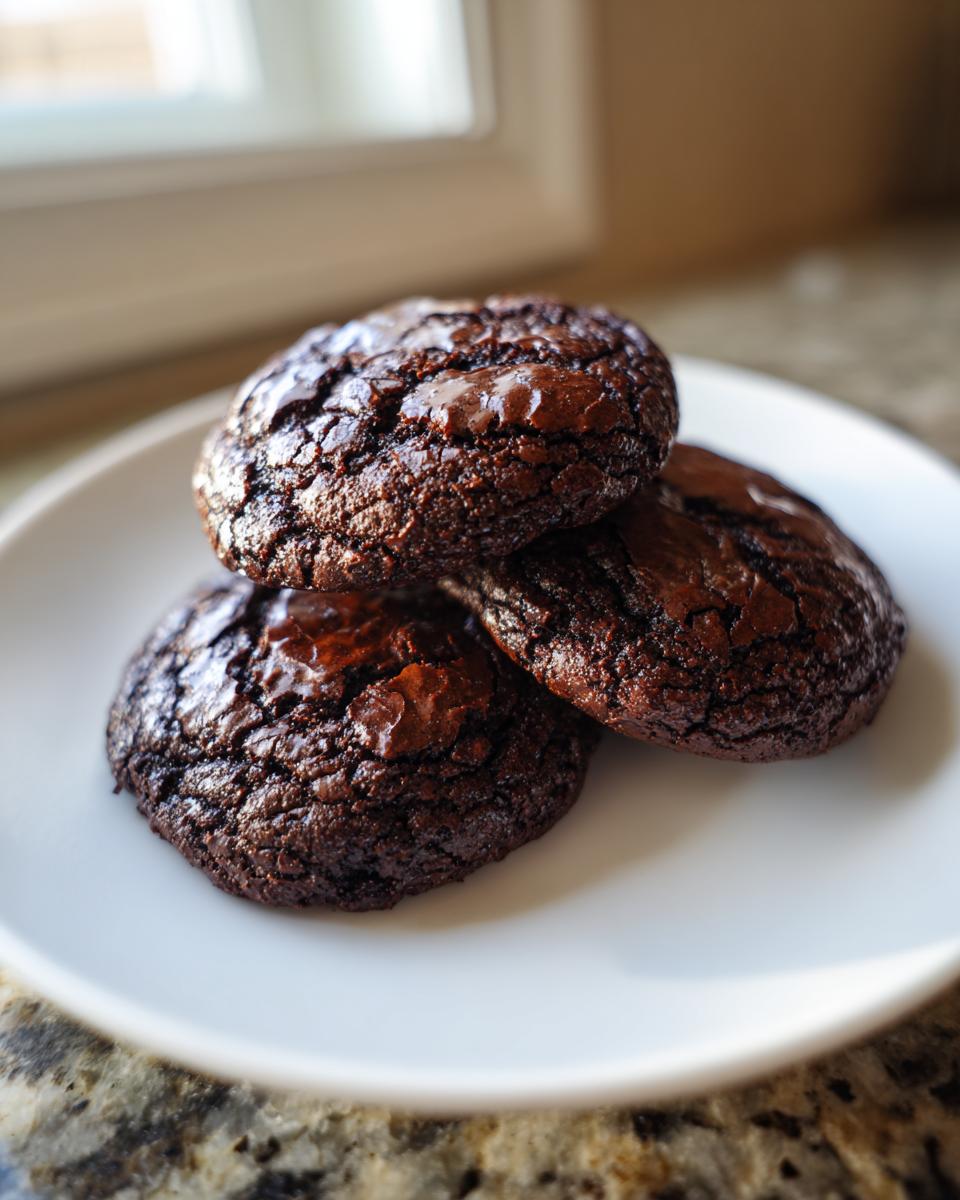 A stack of three rich, dark chocolate brownie cookies with shiny, cracked tops on a white plate.