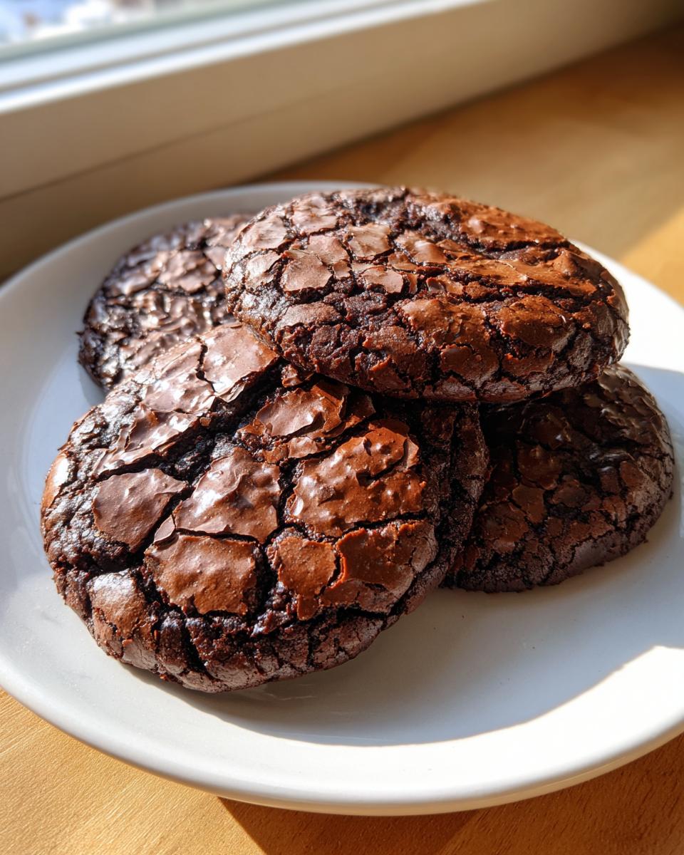 A stack of four rich, dark chocolate brownie cookies with shiny, cracked tops, resting on a white plate.