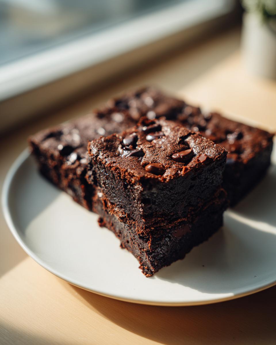 Close-up of fudgy date brownies topped with chocolate chips, served on a white plate in natural light.