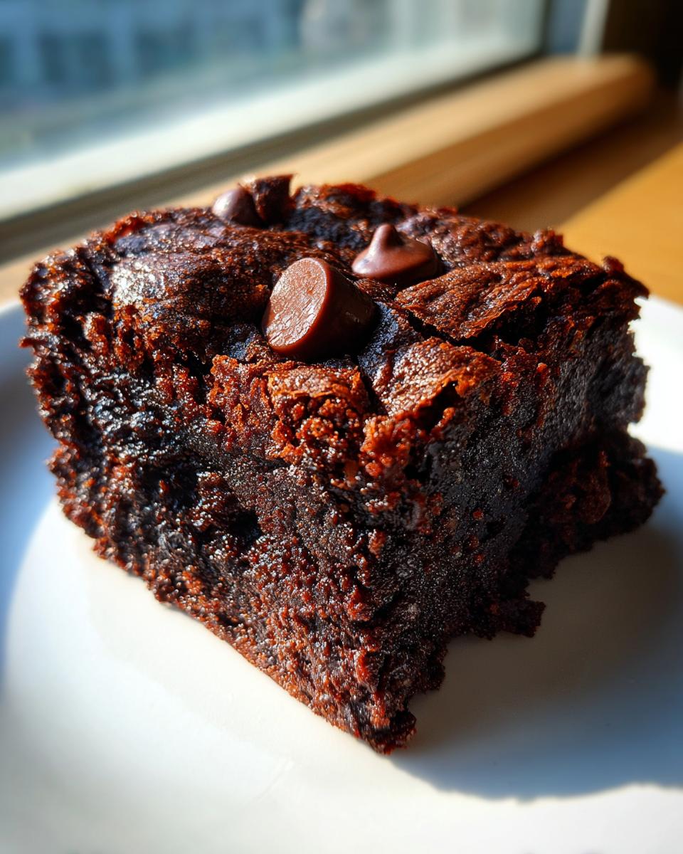 Close-up of a fudgy, dark chocolate date brownies slice topped with chocolate chips, sitting on a white plate.
