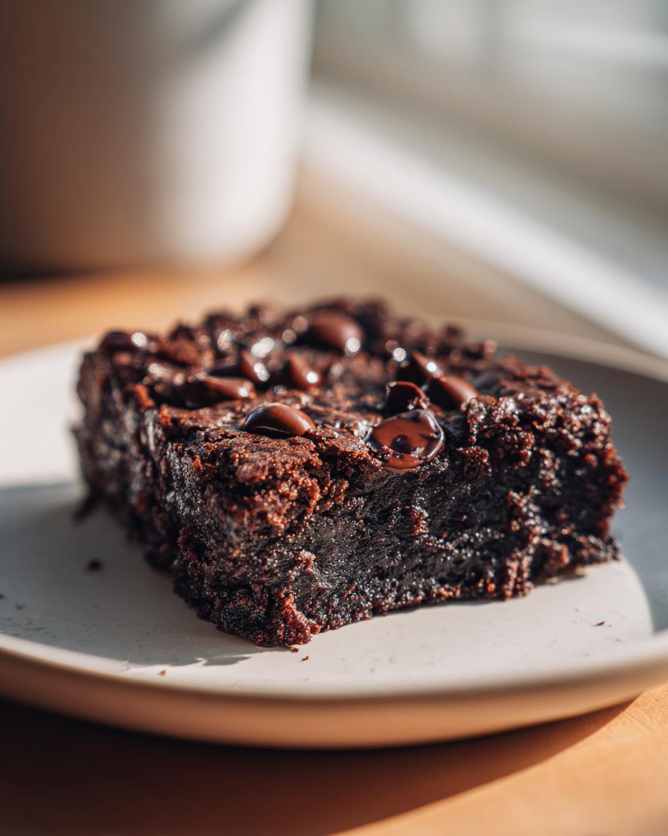Close-up of a rich, fudgy slice of date brownies topped with melted chocolate chips on a light plate.