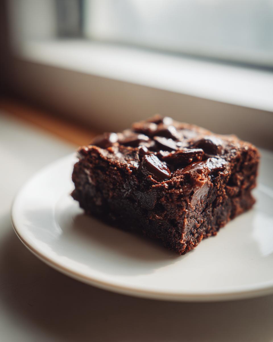 A single, fudgy square of date brownies topped with melted chocolate chunks, sitting on a white plate near a window.