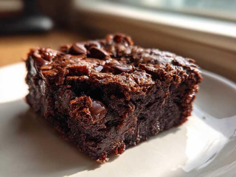 Close-up of a single, rich, fudgy square of date brownies topped with melted chocolate chips.