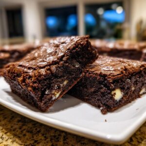 Two rich, fudgy oreo brownies stacked slightly on a white plate, showing white chunks inside.